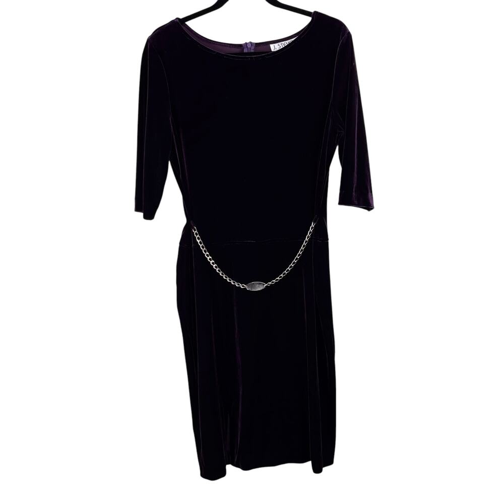 Vintage 80s J Stevens Purple Velvet Midi Sheath Dress Chain Belt USA 14